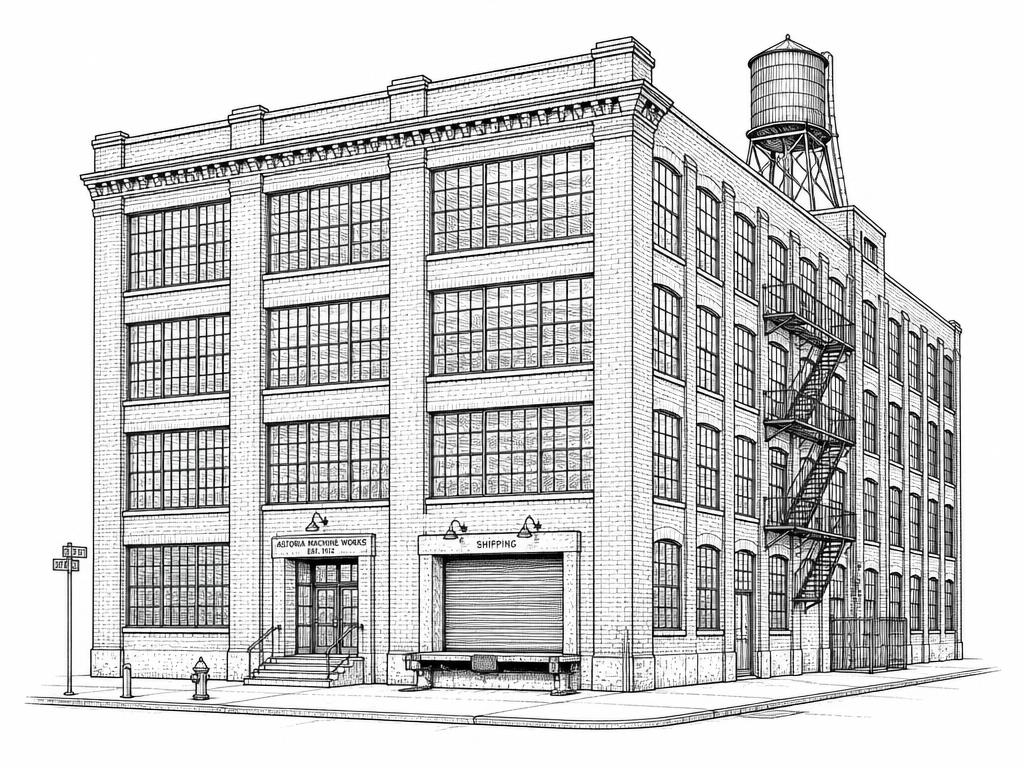 Ink sketch of a Queens factory loft building